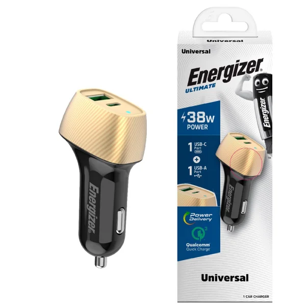 Зарядно за кола Energizer D38BG, USB, USB-C, 38W, QC3.0, Черен-златист 1