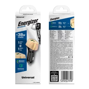 Зарядно за кола Energizer D38BG, USB, USB-C, 38W, QC3.0, Черен-златист 3