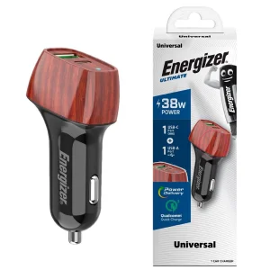 Зарядно за кола Energizer D38BG, USB, USB-C, 38W, QC3.0, Дърво