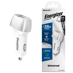Зарядно за кола Energizer D38BG, USB, USB-C, 38W, QC3.0, Сребрист