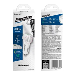 Energizer D38BG Car Charger, USB, USB-C, 38W, QC3.0, Silver 3