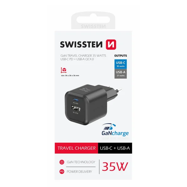 Зарядно Swissten GaN, 1xUSB-C 35W,1xUSB-A 27W, Черен 3