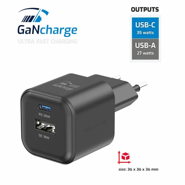Зарядно Swissten GaN, 1xUSB-C 35W,1xUSB-A 27W, Черен 2
