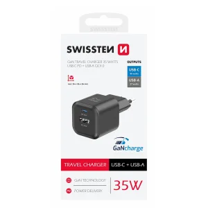 Зарядно Swissten GaN, 1xUSB-C 35W,1xUSB-A 27W, Черен 3