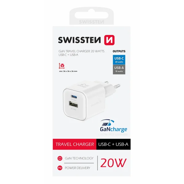 Зарядно Swissten GaN 1xUSB-C 20W, 1xUSB-A 18W, Бял 3