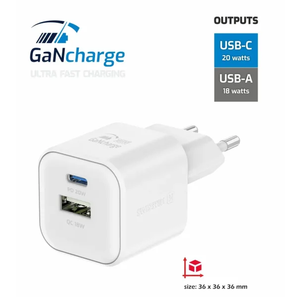 Зарядно Swissten GaN 1xUSB-C 20W, 1xUSB-A 18W, Бял 2