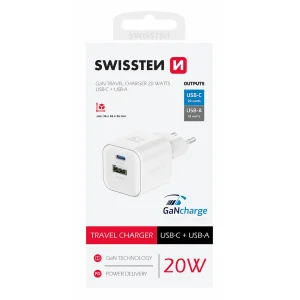 Зарядно Swissten GaN 1xUSB-C 20W, 1xUSB-A 18W, Бял 3