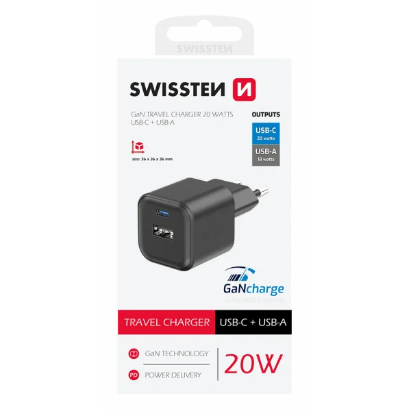 Зарядно Swissten GaN 1xUSB-C 20W, 1xUSB-A 18W, Черен 3