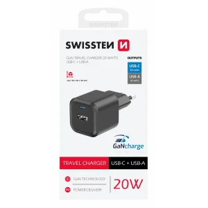 Зарядно Swissten GaN 1xUSB-C 20W, 1xUSB-A 18W, Черен 3