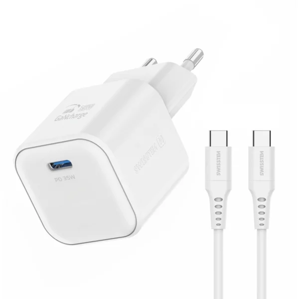 Зарядно Swissten GaN 1xUSB-C 35W, кабел USB-C към USB-C 1.2 M, Бял 1