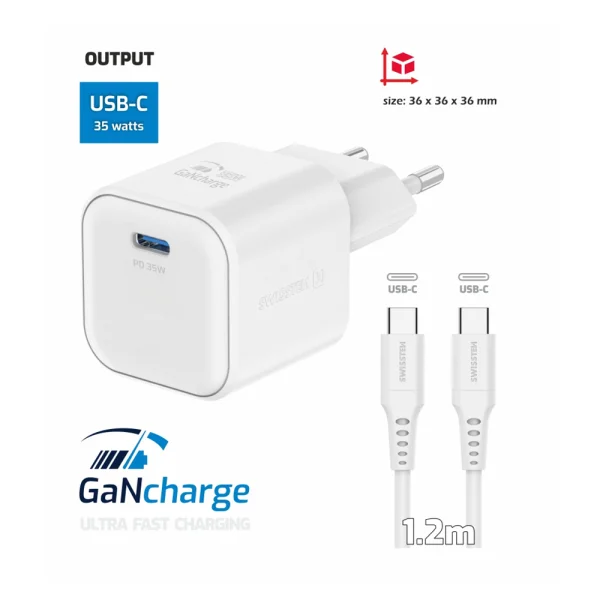 Зарядно Swissten GaN 1xUSB-C 35W, кабел USB-C към USB-C 1.2 M, Бял 2