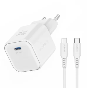 Зарядно Swissten GaN 1xUSB-C 35W, кабел USB-C към USB-C 1.2 M, Бял
