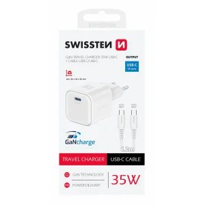 Зарядно Swissten GaN 1xUSB-C 35W, кабел USB-C към USB-C 1.2 M, Бял 3