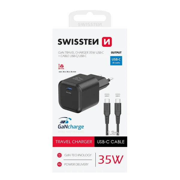 Зарядно Swissten GaN 1xUSB-C 35W, кабел USB-C към USB-C 1.2 M, Черен 3
