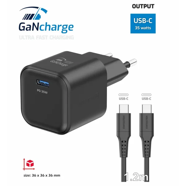 Зарядно Swissten GaN 1xUSB-C 35W, кабел USB-C към USB-C 1.2 M, Черен 2