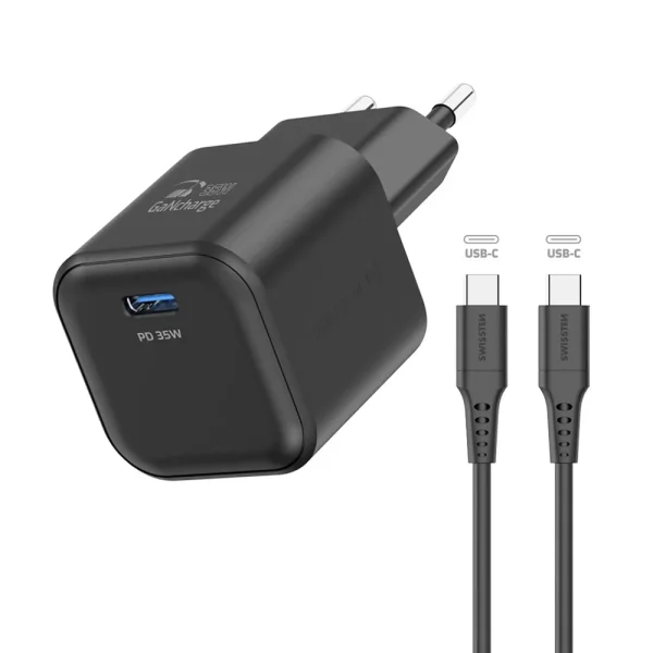 Зарядно Swissten GaN 1xUSB-C 35W, кабел USB-C към USB-C 1.2 M, Черен 1