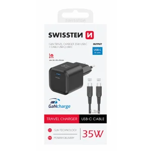Зарядно Swissten GaN 1xUSB-C 35W, кабел USB-C към USB-C 1.2 M, Черен 3