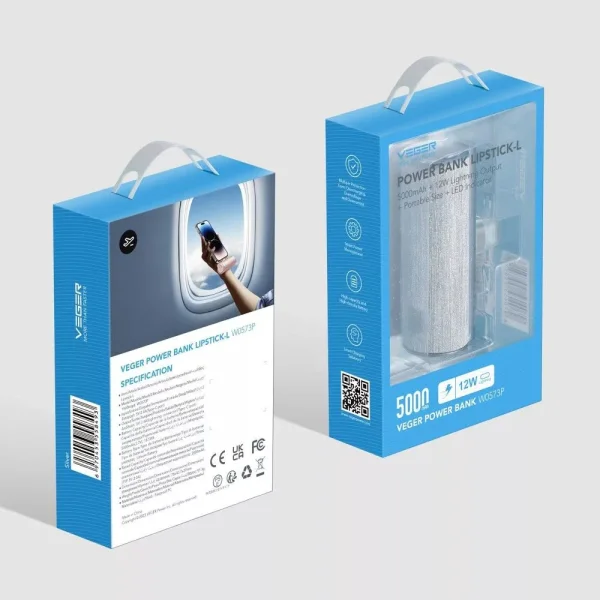 Universal Power Bank VEGER W0573 PlugOn, 5000mah, Type C, PD, 12W, Silver 3