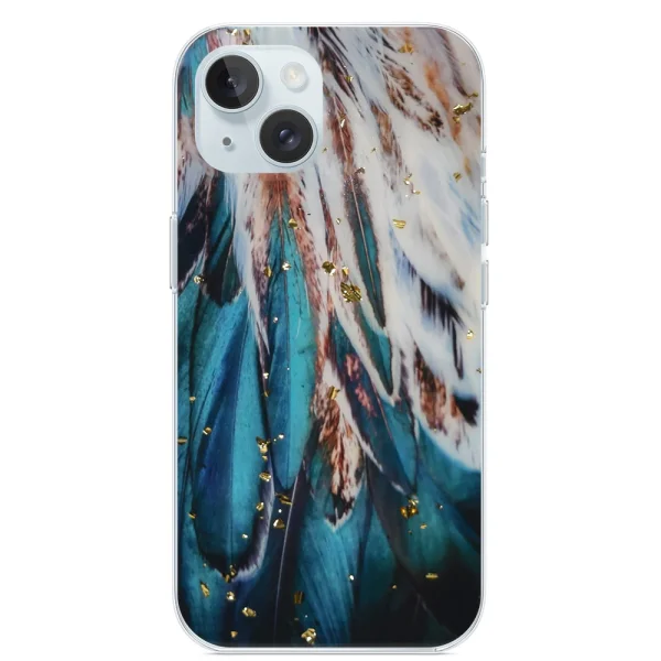 Gold Glam silicone case for iPhone 15, Feathers 1