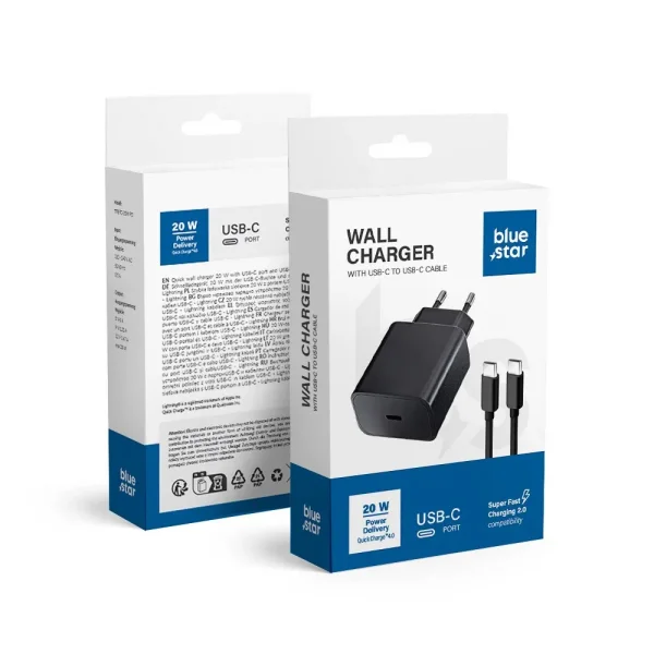 220V Charger, Blue Star, USB C, with USB-C to USB-C cable, 3A, 20W, PD, QC 4.0 function 4