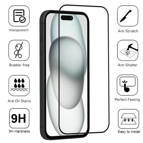 Стъклен протектор Veason 6D Pro Full Glue за iPhone 15, Черен 2
