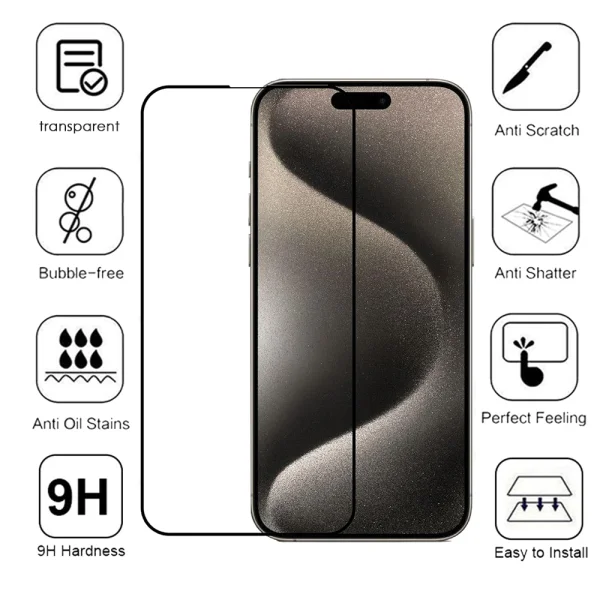 Стъклен протектор Veason 6D Pro Full Glue за iPhone 15 Pro, Черен 2