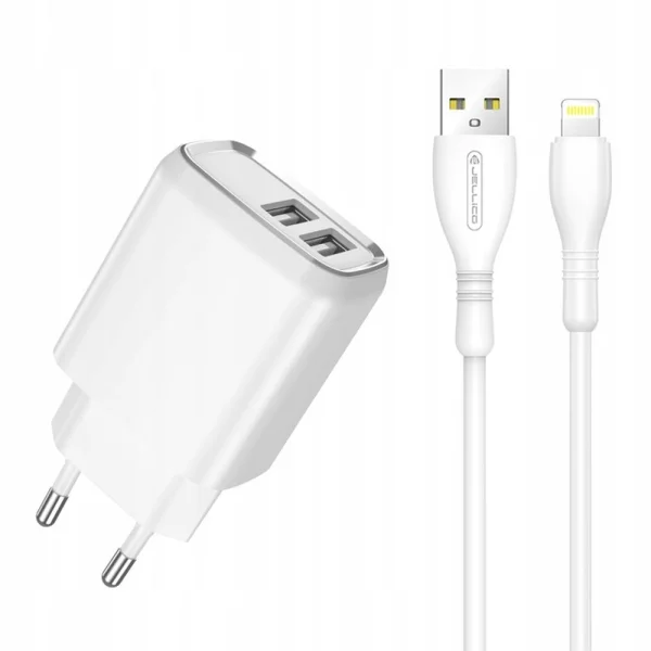 Wall Charger JELLICO A51, 220V, 2.4A, 2xUSB, with Lightning cable, White 1