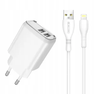 Мрежово Зарядно JELLICO A51, 220V, 2.4A, 2xUSB, с кабел Lightning, Бял