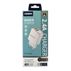 Wall Charger JELLICO A51, 220V, 2.4A, 2xUSB, with Lightning cable, White 5