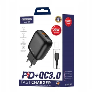 Зарядно с кабел JELLICO C31,220V, 20W, PD, USB-C и USB 3.0, с кабел USB-C към Lightning, Черен 4