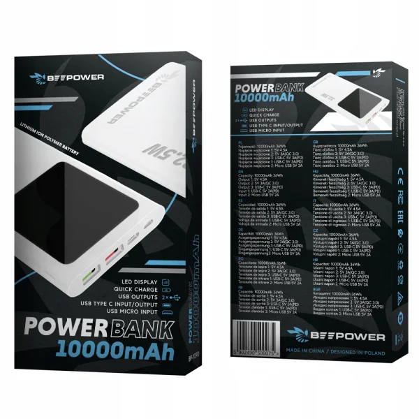 Универсална външна батерия BeePower BP-10PD, 10000mAh, 22.5W, USB-C, 2 x USB 3.0, Бял 5