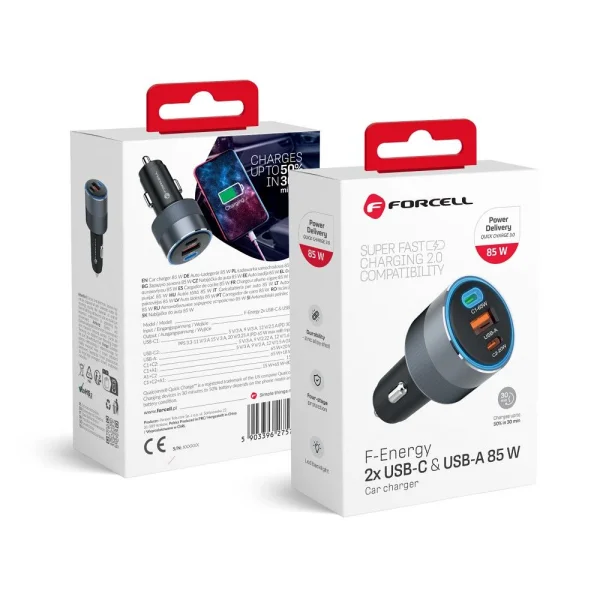 Зарядно за кола Forcell F-Energy, 12V, 85W, PD, QC4.0, 2xUSB C, USB-A, Черен 5