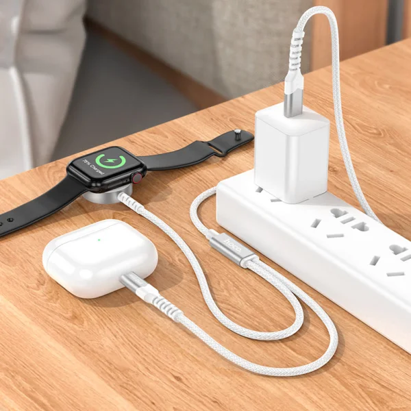 Wireless Charger HOCO CW54 2in1, Type C, for Apple Watch, with Lightning cable, 3A, 1.2m, CW54, White 2