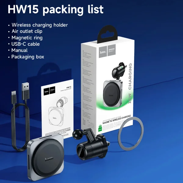 Car mount with wireless charging HOCO HW15, support MagSafe, 15W, Black-gray 6