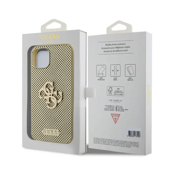Калъф GUESS, PU Perforated 4G Glitter Metal Logo за iPhone 15, GUHCP15SPSP4LGD, Златист 4
