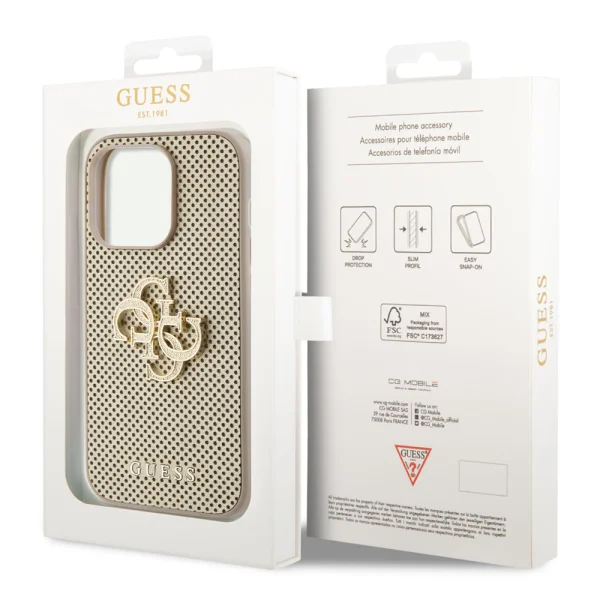 Калъф GUESS, PU Perforated 4G Glitter Metal Logo за iPhone 15 Pro Max, GUHCP15XPSP4LGD, Златист 5
