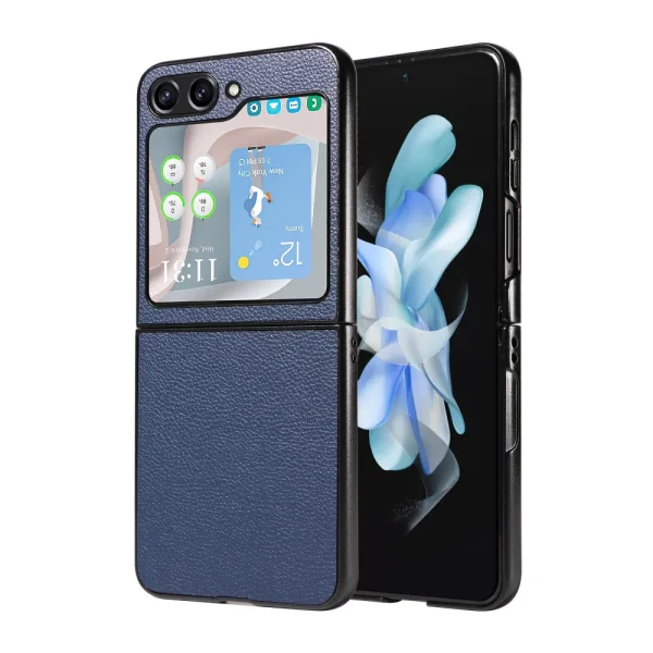 Удароустойчив калъф Litchi Leather за Samsung Galaxy Z Flip6, Тъмно син 6
