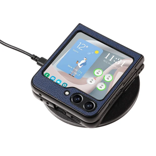 Удароустойчив калъф Litchi Leather за Samsung Galaxy Z Flip6, Тъмно син 5