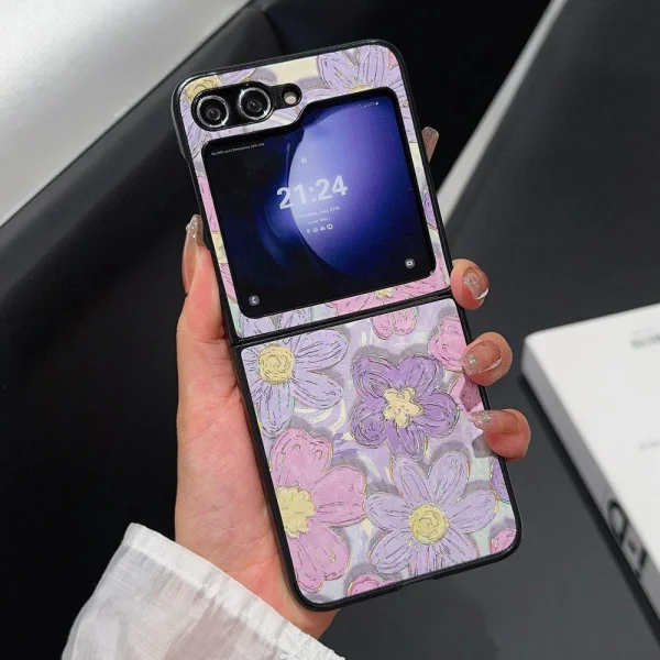 Удароустойчив калъф Leather за Samsung Galaxy Z Flip6, Лилави цветя 2