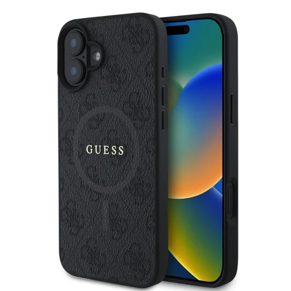 GUESS PU Leather Colored Ring MagSafe Case for iPhone 16, GUHMP16SG4GFRK, Black 1
