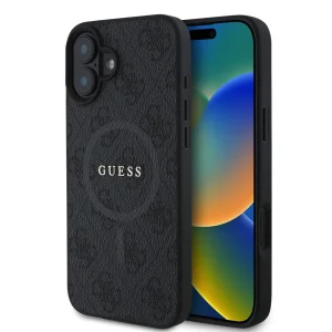Калъф GUESS, PU Leather Colored Ring MagSafe за iPhone 16, GUHMP16SG4GFRK, Черен