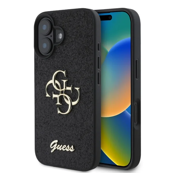 Калъф GUESS, PU Fixed Glitter 4G Metal Logo за iPhone 16, GUHCP16SHG4SGK, Черен 1