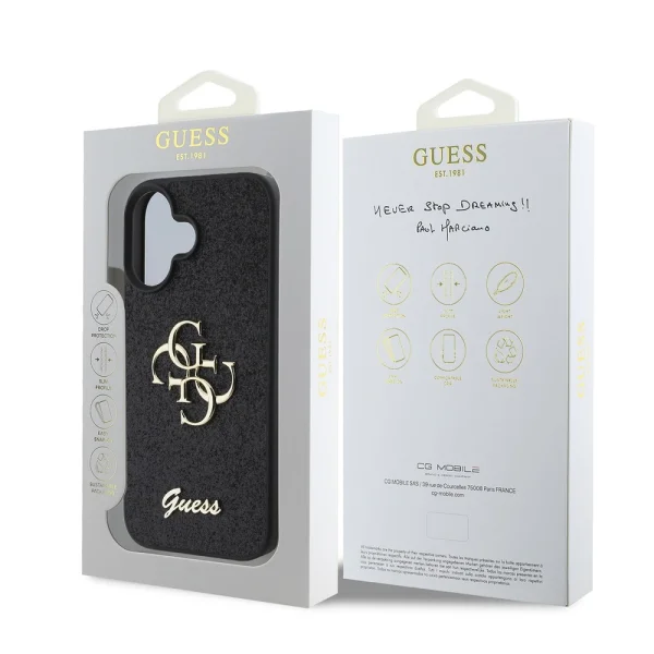 Калъф GUESS, PU Fixed Glitter 4G Metal Logo за iPhone 16, GUHCP16SHG4SGK, Черен 6