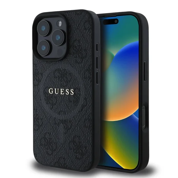 GUESS Case, PU Leather Colored Ring MagSafe for iPhone 16 Pro, GUHMP16LG4GFRK, Black 1