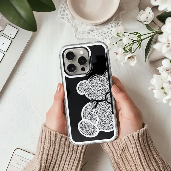 Shockproof Teddy Bear Case for iPhone 16 Pro Max, Silver 4