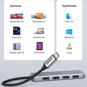 USB Hub UGREEN CM219 4xUSB-A 3.0 1xUSB-C Input USB-C, Silver 3