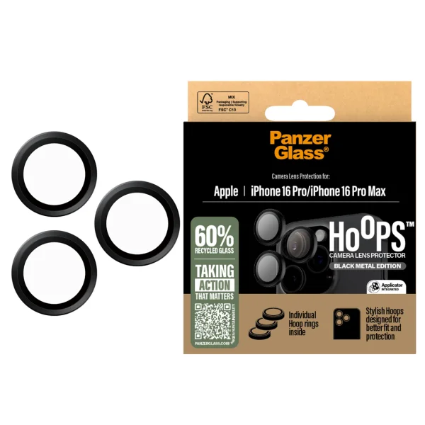 Стъклен Протектор за камера PanzerGlass Hoops Lens Protector за iPhone 16 Pro / 16 Pro Max, Черен 1