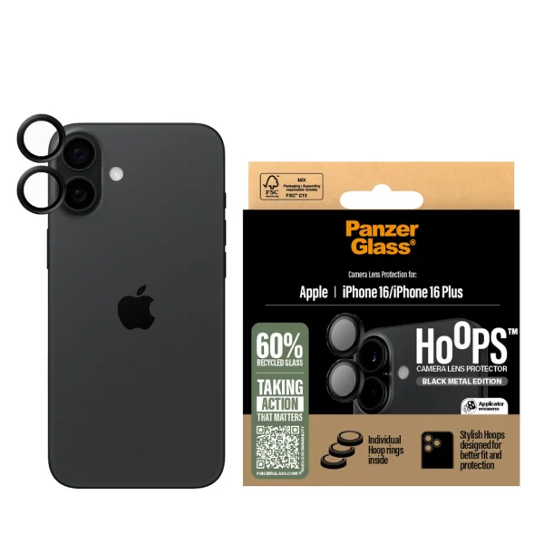 Стъклен Протектор за камера PanzerGlass Hoops Lens Protector за iPhone 16 / 16 Plus, Черен 2