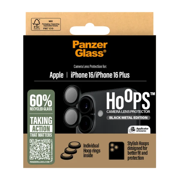 Стъклен Протектор за камера PanzerGlass Hoops Lens Protector за iPhone 16 / 16 Plus, Черен 4