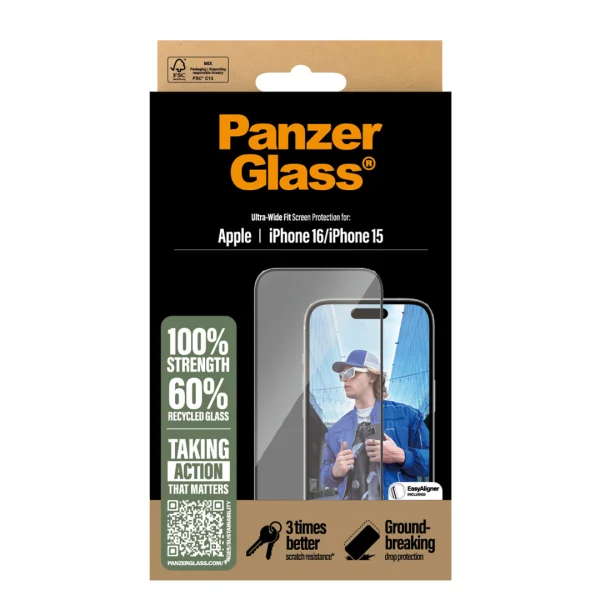 PanzerGlass Tempered Glass Protector for iPhone 15 / iPhone 16, Ultra-Wide Fit 3